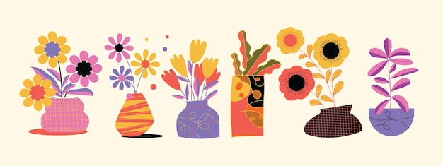 Conjunto de flores y plantas en jarrones con diferentes formas de ilustración vectorial