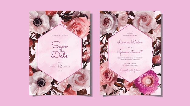 Conjunto de flores de plantilla de tarjeta rosa de moda Adorno de boda invitar flores románticas