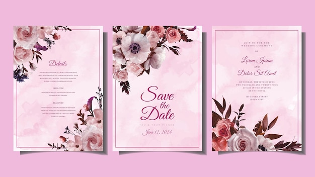 Conjunto de flores de plantilla de tarjeta rosa de moda adorno de boda invitar flores románticas