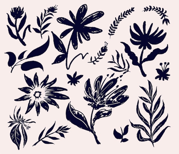 Conjunto de flores de pradera dibujadas a mano Colección de dibujos florales Dibujo a tinta flores silvestres pinceladas