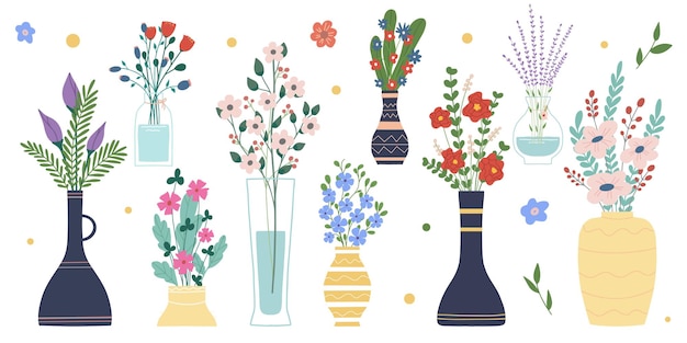 Conjunto de flores de primavera brillante en jarrones y botellas aisladas sobre fondo blanco. un montón de ramos. conjunto de elementos decorativos de diseño floral. ilustración de vector plano de dibujos animados.