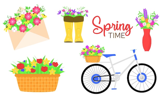 Conjunto de flores primavera en ramo Sobre botas florero cesta y bicicleta con flor