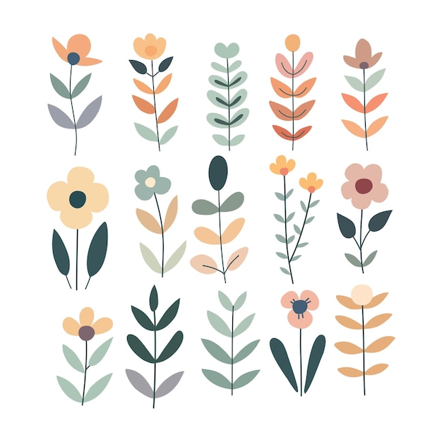 Conjunto de flores rama de hoja plana aislada diseño de ilustración vectorial de colores