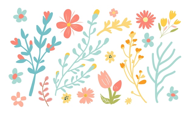 Conjunto de flores y ramas dibujadas a mano Ilustración vectorial de moda