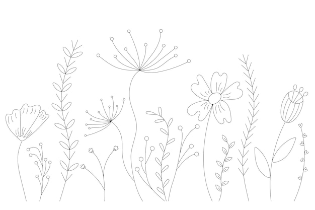 Vector conjunto de flores y ramitas con contorno negro