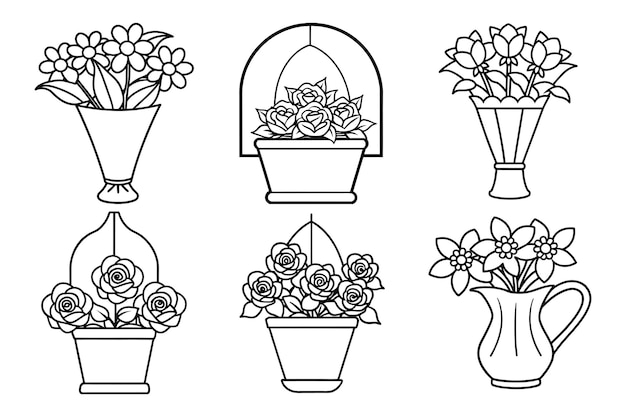 conjunto de flores rosa lirio conjunto de flores ramo de línea de arte icona vectorial ilustración en fondo blanco