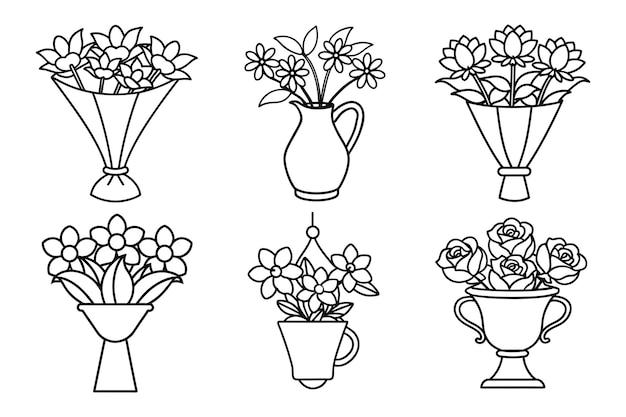 conjunto de flores rosa lirio flor ramo línea de arte icono vectorial ilustración en fondo blanco