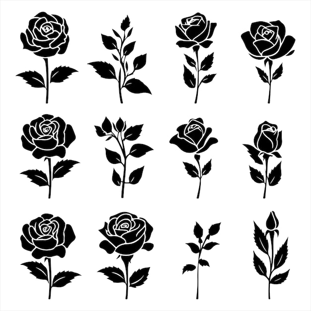 Un conjunto de flores de rosa de silueta negra