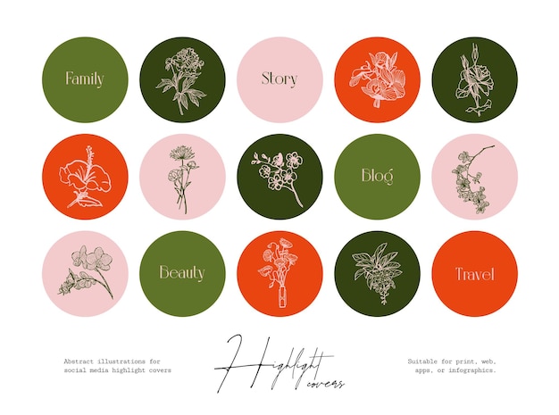 Conjunto de flores silvestres de tinta dibujadas a mano e ilustraciones botánicas para portadas destacadas de redes sociales