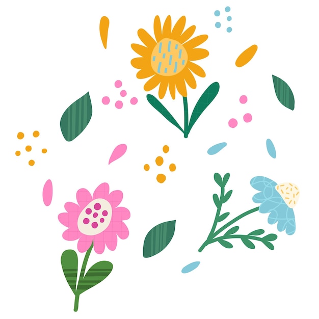 Conjunto de flores simplemente coloridasElementos florales Ilustración vectorial dibujada a mano