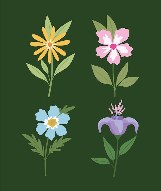 Conjunto de flores sobre un fondo verde, diseño de ilustraciones