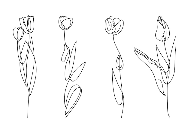 Conjunto de flores de tulipán dibujadas por una línea. imagen de primavera en estilo lineart. ilustración vectorial