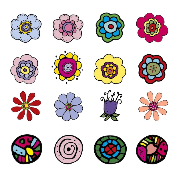 Conjunto de flores vectoriales y elementos abstractos en estilo garabato