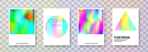 Conjunto de fluidos holográficos fondos abstractos Fluido holográfico arco iris con malla de gradiente estilo retro de los años 90 y 80 plantilla gráfica perla para libro interfaz móvil anual aplicación web