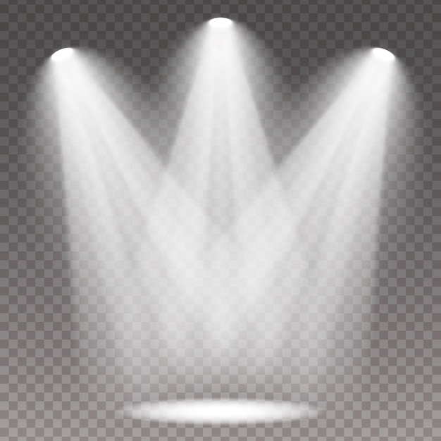 Conjunto del foco blanco brilla en el escenario, escena, podio. Efecto de luz de flash de lente de uso exclusivo de una lámpara o foco. Efecto de luz.