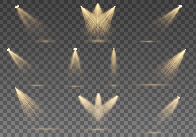 Conjunto de foco dorado aislado. Luces amarillas cálidas. Focos Escena. Efectos de luz. ilustración. Colección de reflectores para iluminación escénica, efectos transparentes de luz.