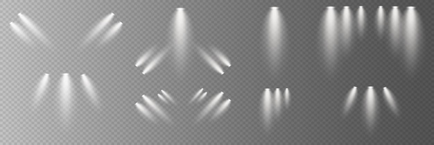Conjunto de focos blancos brillantes Efecto de iluminación del escenario sobre un fondo transparente