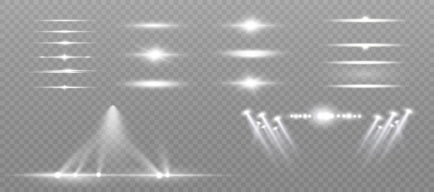 Conjunto de focos de luz blanca destellos de luz sobre un fondo transparente Vector de luz brillante