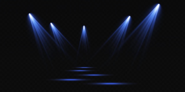 Conjunto de focos vectoriales varias formas de proyector de escenario de color azul claro Fondo de escenario Haz de foco americano Efectos de luz Ilustración anterior