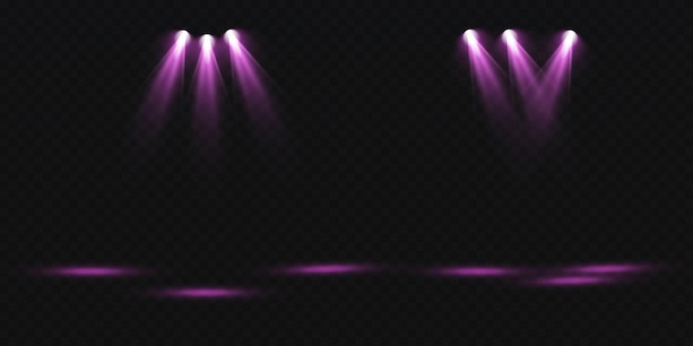 Conjunto de focos vectoriales varias formas de proyector de escenario de color púrpura claro Fondo de escenario Foco americano Efectos de luz Ilustración anterior