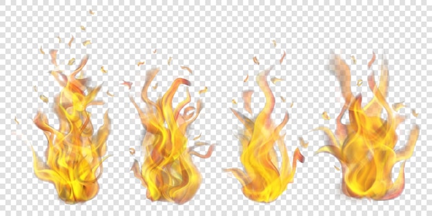 Conjunto de fogatas ardientes translúcidas sobre fondo transparente. Para usar en fondos claros. Transparencia solo en formato vectorial