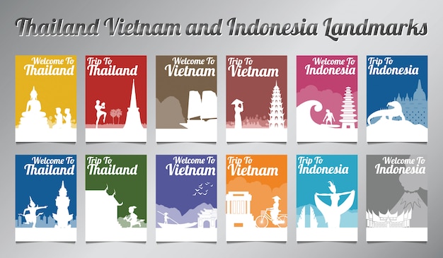 Conjunto de folleto de tailandia, vietnam e indonesia