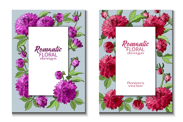 Vector conjunto de folletos con flores de dalias moradas y rojas