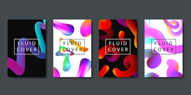 conjunto de folletos realistas con formas líquidas fluidas de degradado geométrico para decoración y revestimiento sobre el fondo oscuro.