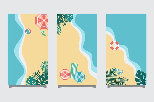 Conjunto de folletos de viajes de verano con ilustración vectorial de playa y olas en estilo minimalista
