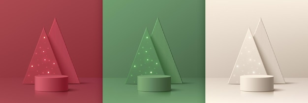 Conjunto de fondo 3d con podio de cilindro verde crema rojo luz de bombilla de neón en árbol de navidad triangular