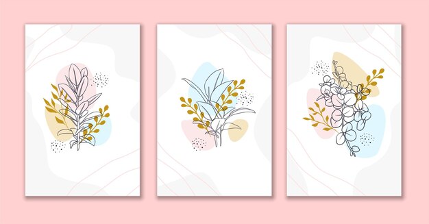 Conjunto de fondo abstracto de flores y hojas de arte lineal