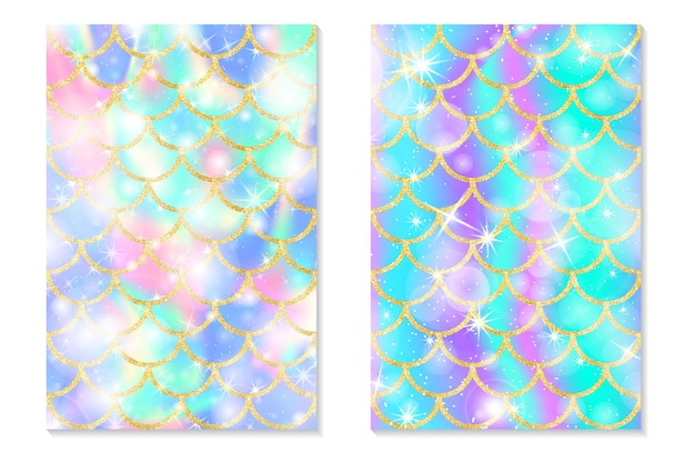 Conjunto de fondo de arco iris holográfico. Escamas doradas de sirena. Impresión de holograma para tarjeta de invitación.