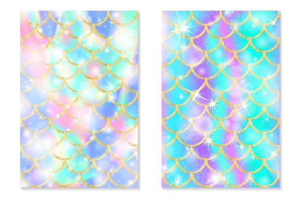 Vector conjunto de fondo de arco iris holográfico. escamas doradas de sirena. impresión de holograma para tarjeta de invitación.