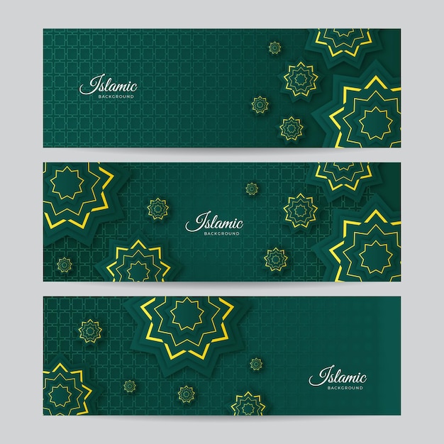 Conjunto de fondo de banner de Ramadán Kareem islámico. Patrón islámico y elementos islámicos de lujo abstracto. Fondo decorativo con elementos ornamentales de estilo oriental. Ilustración vectorial