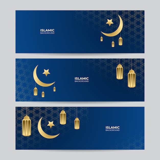 Conjunto de fondo de banner de Ramadán Kareem. Luna de linterna dorada y fondo de elementos de patrón islámico de lujo abstracto