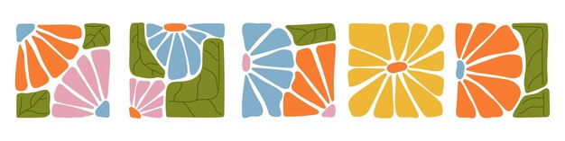 Conjunto de fondo botánico floral groovy en el póster vertical de estilo hippie retro ingenuo de los años 60 y 70