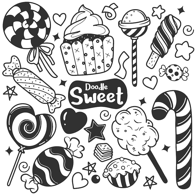 Conjunto de fondo de caramelos dulces divertidos Fondo dibujado a mano con suministros de dulces y elementos creativos Ilustración vectorial