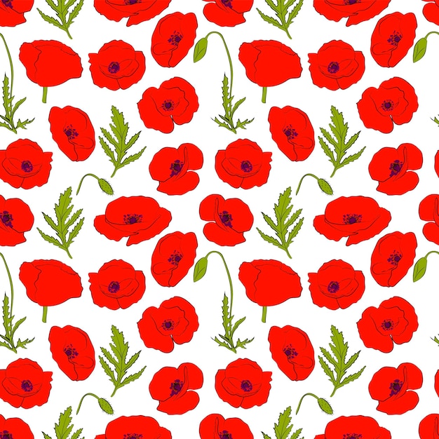 Un conjunto de fondo sin costuras con flores de amapola gráficos vectoriales x