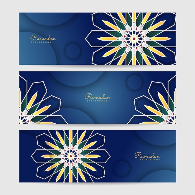 Conjunto de fondo de diseño de banner ancho colorido azul patrón Ramadhan