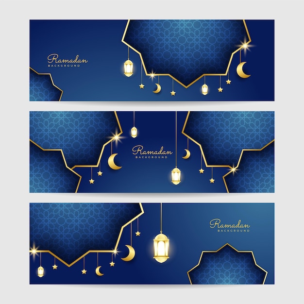Conjunto de fondo de diseño de banner ancho colorido azul patrón Ramadhan
