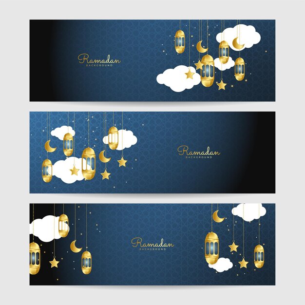 Conjunto de fondo de diseño de banner ancho colorido azul Premium Ramadhan