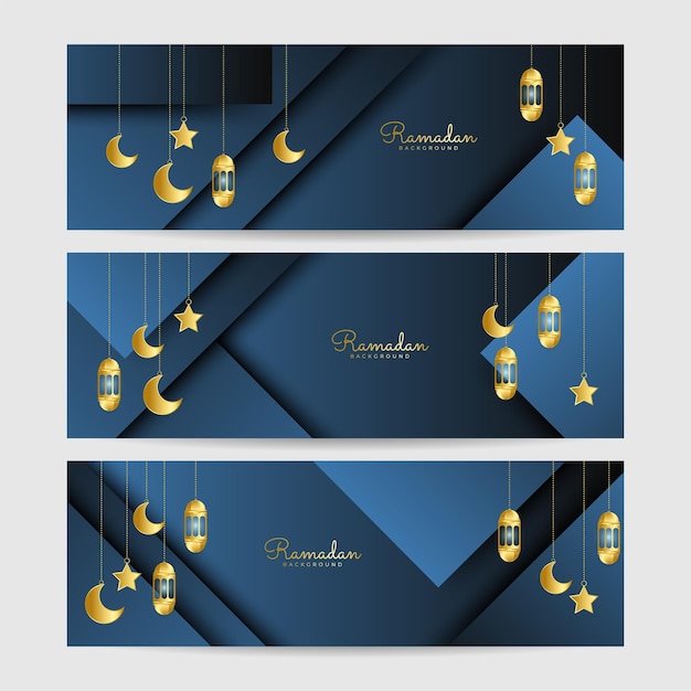Conjunto de fondo de diseño de banner ancho colorido azul Premium Ramadhan