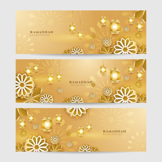 Conjunto de fondo de diseño de banner ancho colorido de oro amarillo de Ramadán Fondo de banner de ramadán kareem islámico con patrón de media luna linterna de mezquita de estrella de luna Ilustración vectorial