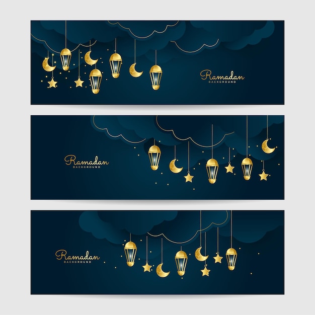 Conjunto de fondo de diseño de banner ancho colorido oro azul oscuro linterna Ramadhan