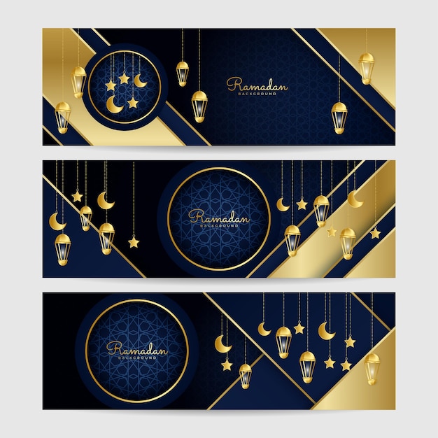 Conjunto de fondo de diseño de banner ancho colorido oro azul oscuro linterna Ramadhan