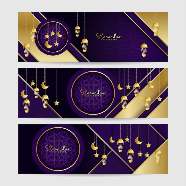 Conjunto de fondo de diseño de banner ancho colorido oro púrpura linterna Ramadhan