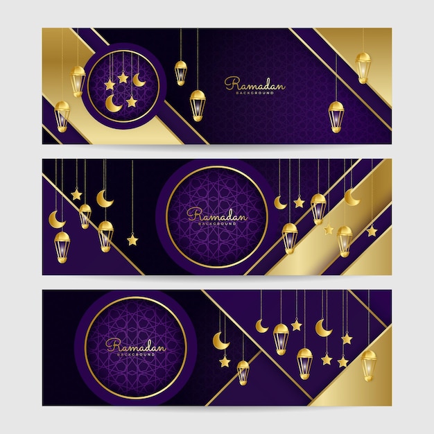 Conjunto de fondo de diseño de banner ancho colorido oro púrpura linterna ramadhan