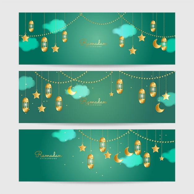 Conjunto de fondo de diseño de banner ancho colorido oro verde linterna ramadhan