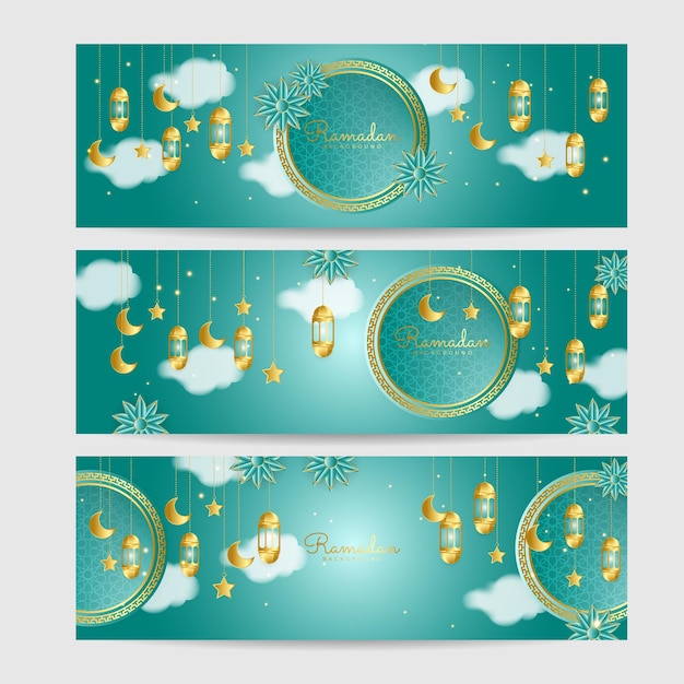 Conjunto de fondo de diseño de banner ancho colorido oro verde linterna ramadhan