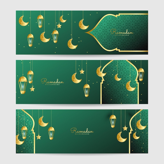 Conjunto de fondo de diseño de banner ancho colorido verde y dorado Premium Ramadhan